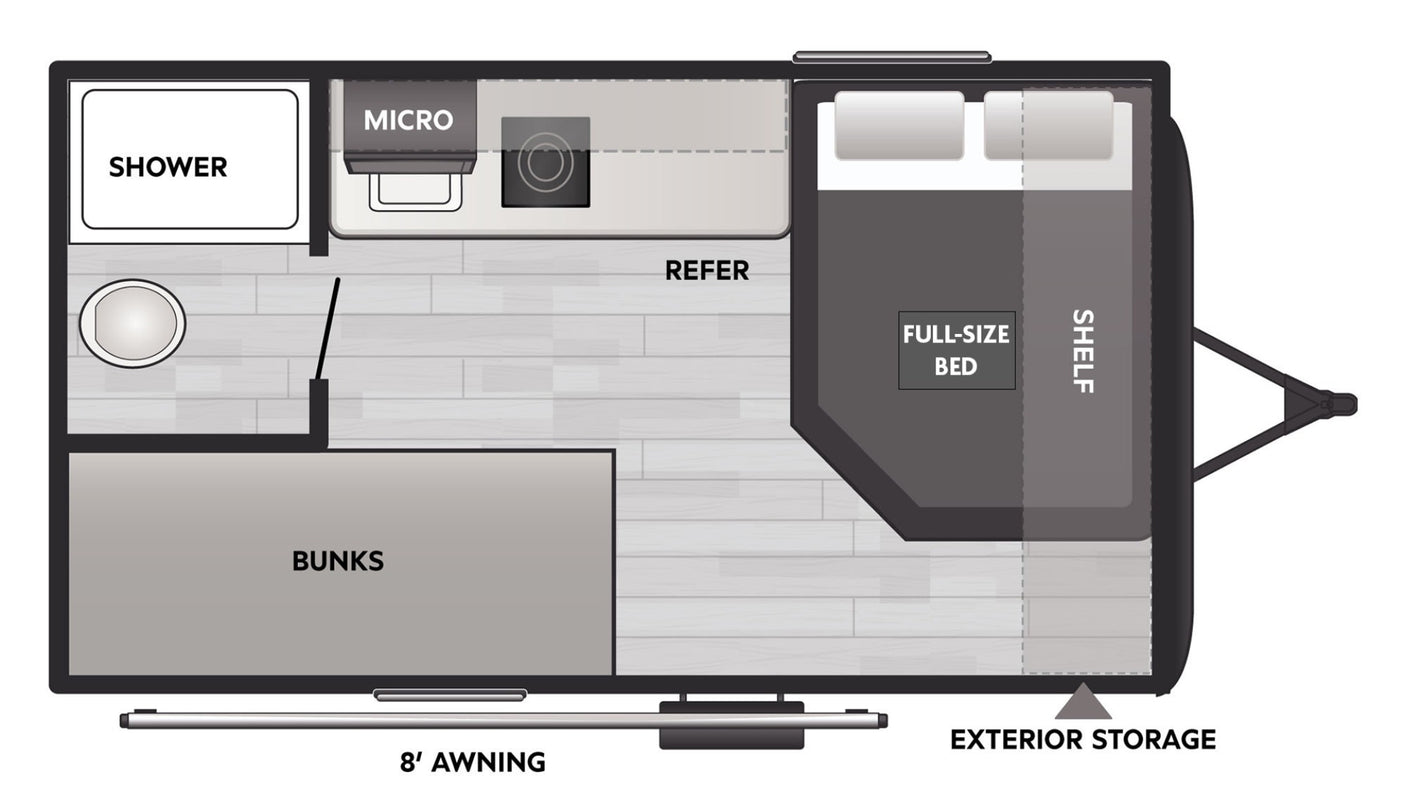 and practical storage solutions.|Cozy bunk beds in an RV rental interior with patterned bedding. Glimpse of the outdoors. Ideal for family camping.|RV rental bathroom features a white toilet