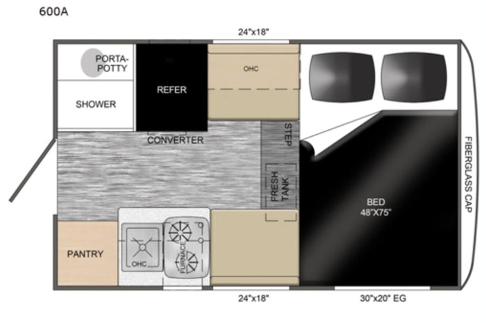 a versatile RV rental option ready for outdoor adventures. Equipped with sturdy jacks.|This RV rental 600A camper floor plan details the interior layout: bed