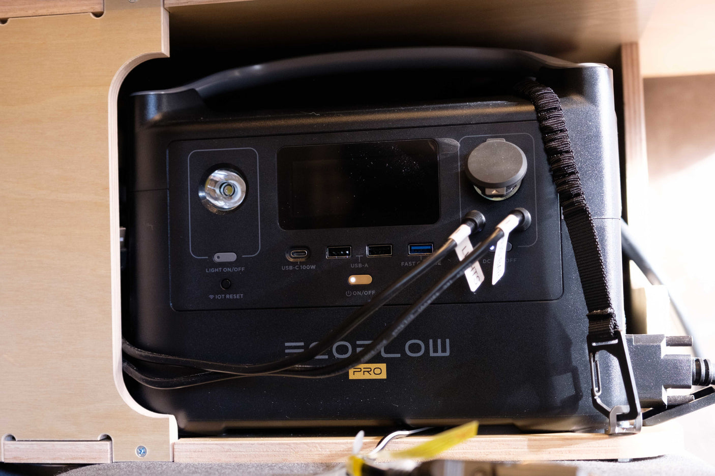 EcoFlow PRO portable power station: vital off-grid power for your RV rental, featuring USB and DC ports.