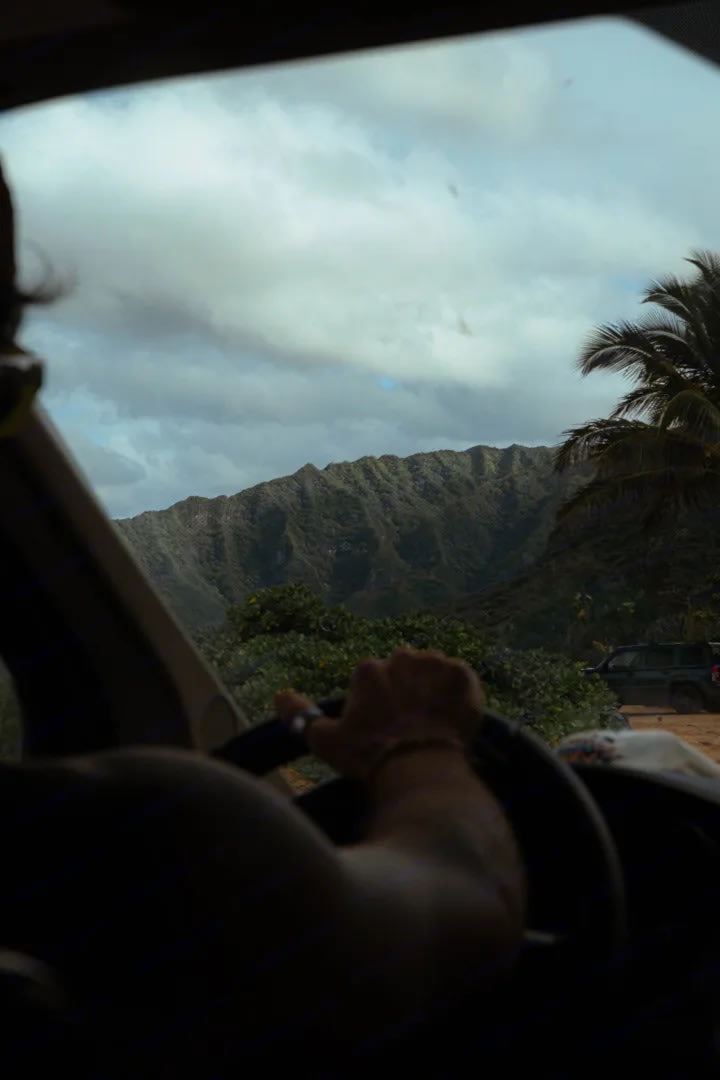 Inside an RV rental, a driver's arm on the wheel, showcasing a breathtaking view of lush, jagged mountains under cloudy skies.