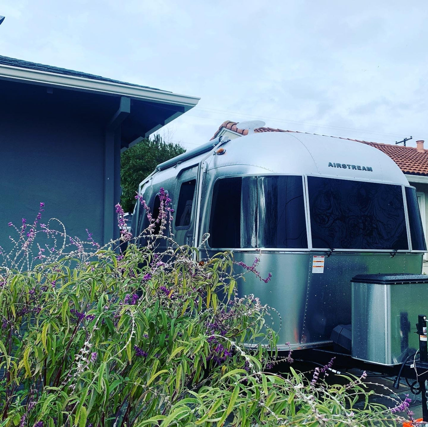 Silver Airstream travel trailer parked by a grey building, framed by purple flowers. Perfect for an RV rental adventure! — photo 1