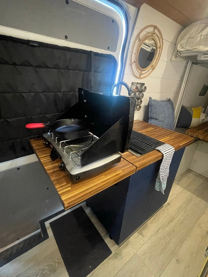 and a resting dog.|Modern rv rental van interior featuring a comfortable bed