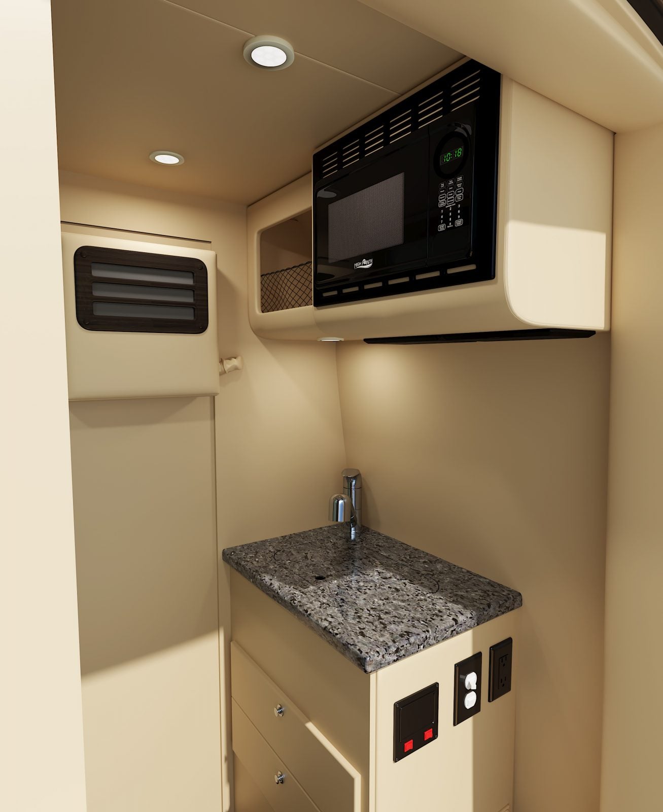 and cozy bench seating area.|Modern RV rental interior: view of compact kitchen