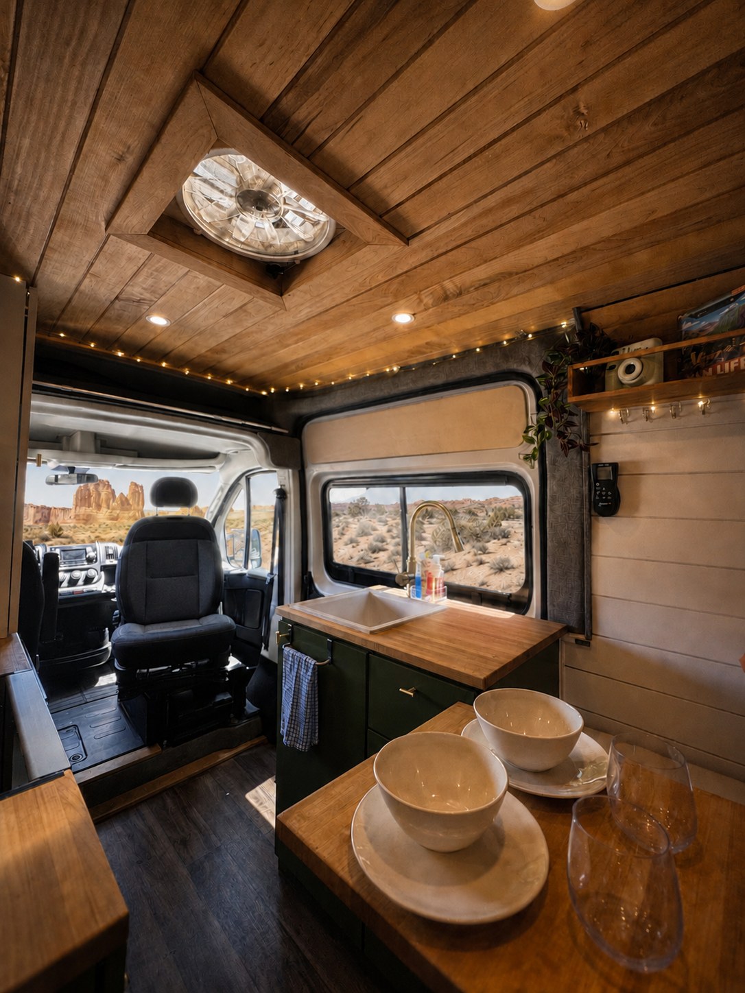RV rental interior: Cozy camper van with wood ceiling, kitchen, and desert views. Ideal for van life travel.