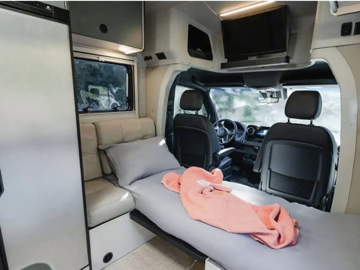 highlighting cozy travel.|Inside an RV rental: modern kitchen with microwave