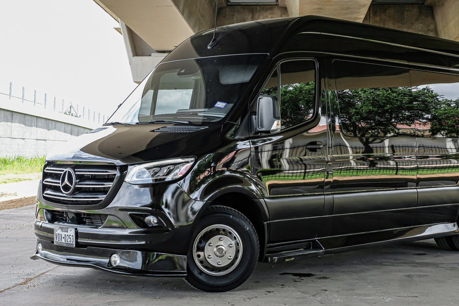 Sleek black Mercedes-Benz Sprinter van, ideal for luxury RV rental & group transport.