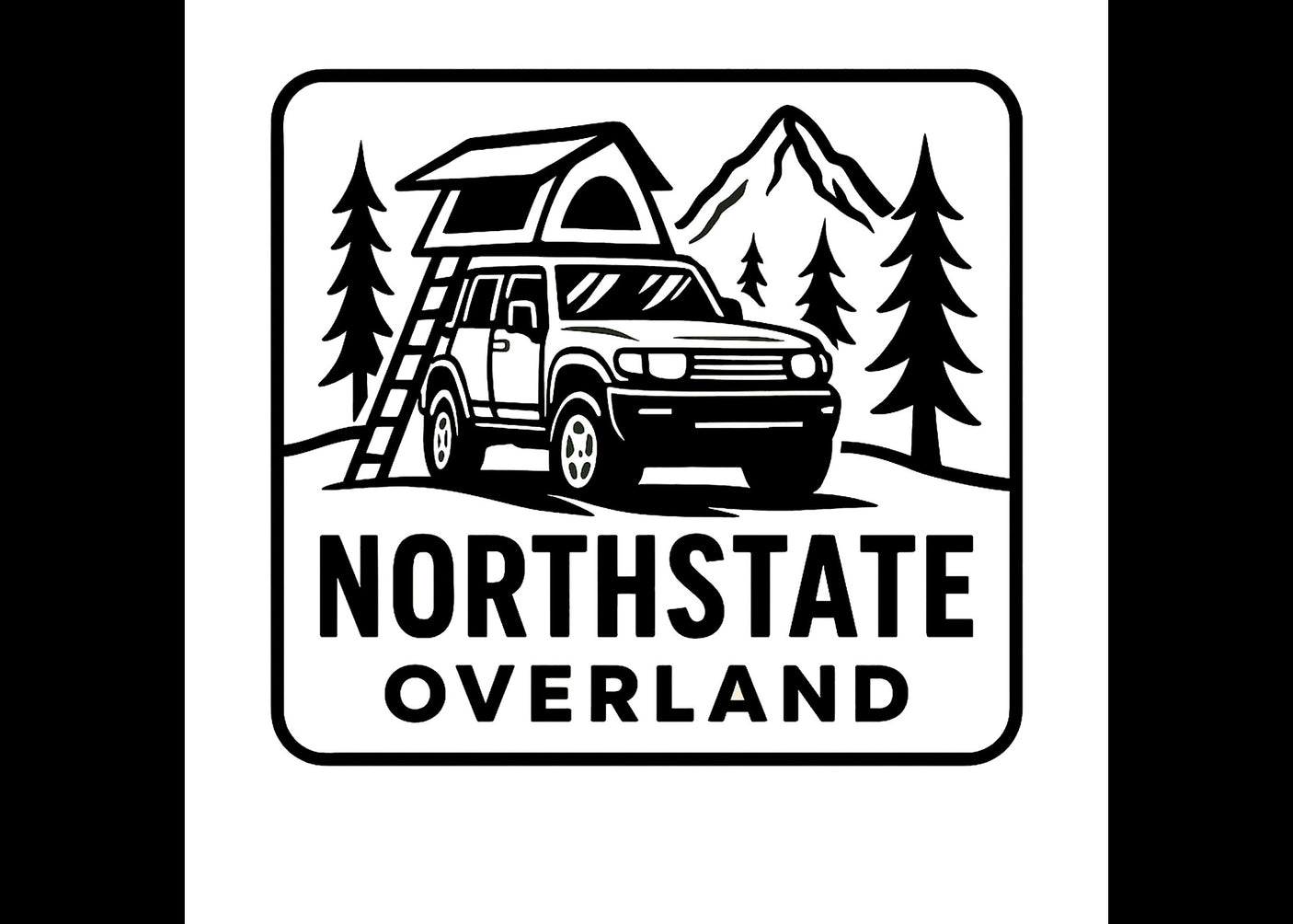 Northstate Overland logo: An SUV with a rooftop tent for RV rental adventures, amidst mountains & trees.