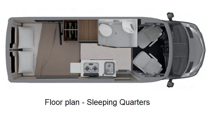 RV rental floor plan diagram: See the compact interior layout with bed, kitchen, bathroom, and front cabin.
