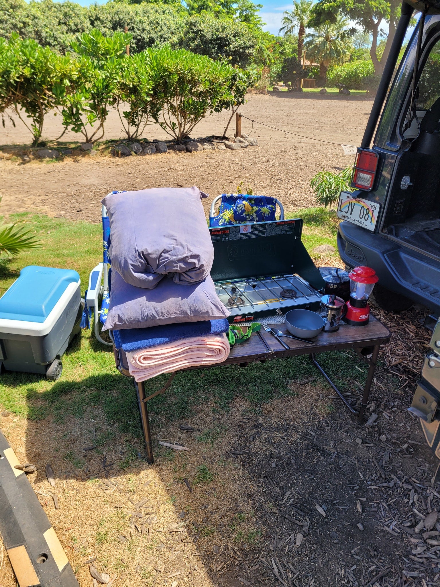 RV rental camping setup in Hawaii with stove, cooler & cozy gear.
