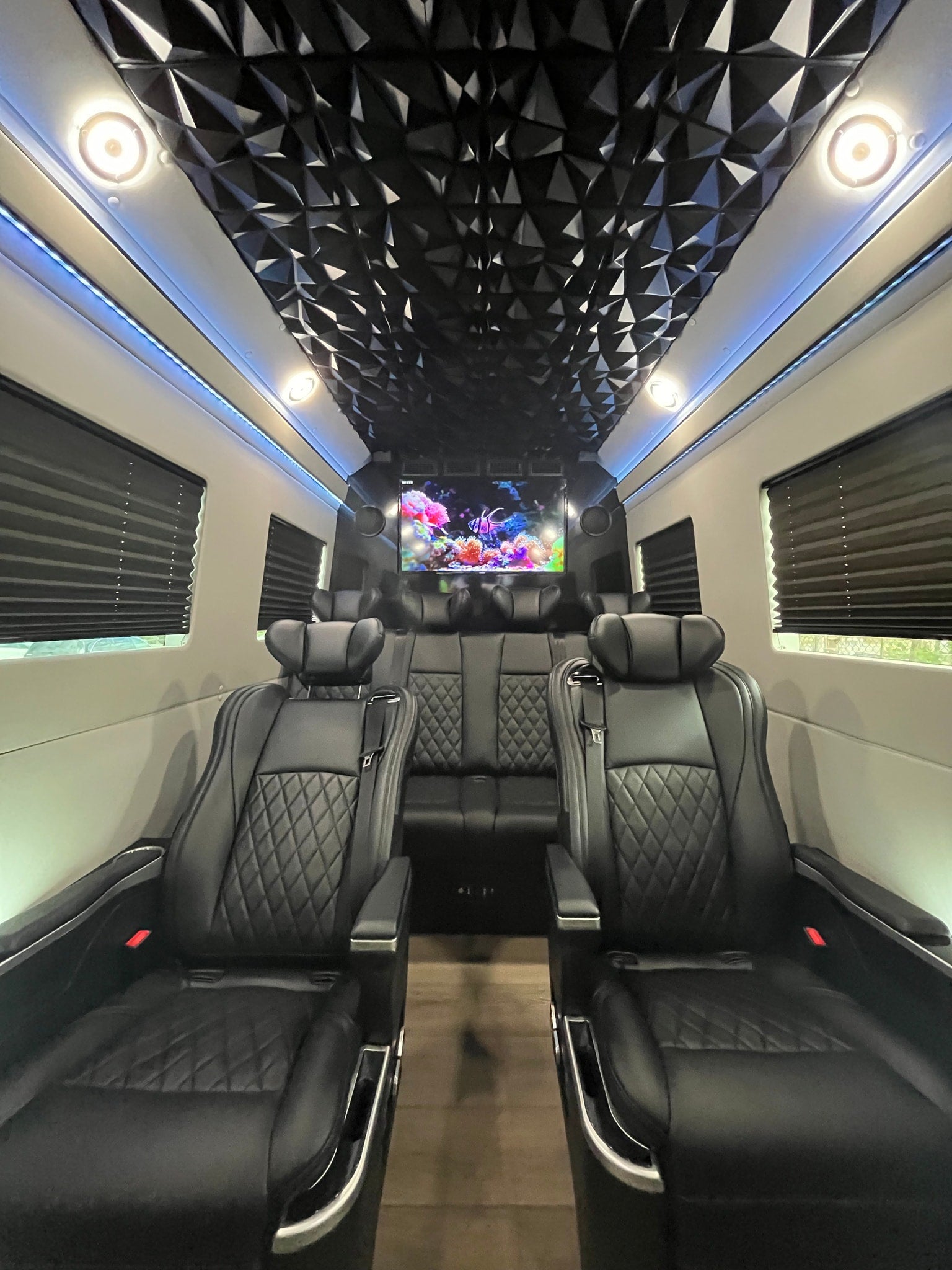 Experience ultimate comfort in our luxury RV rental. Features premium quilted seating, ambient lighting, and an entertainment screen.