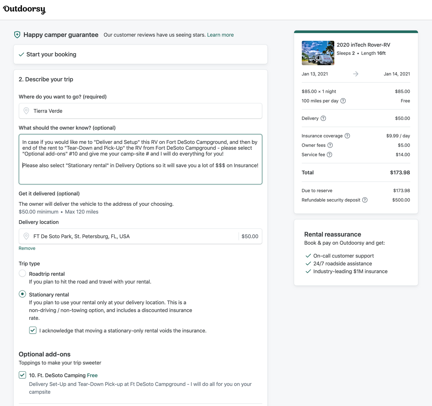 Outdoorsy RV rental booking page shows pricing details, delivery options, and trip type selection for an RV.