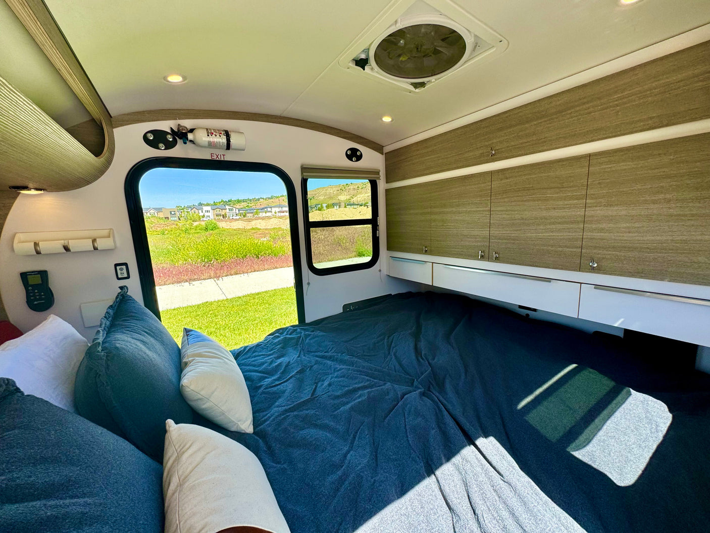 Cozy rv rental interior with a comfy bed