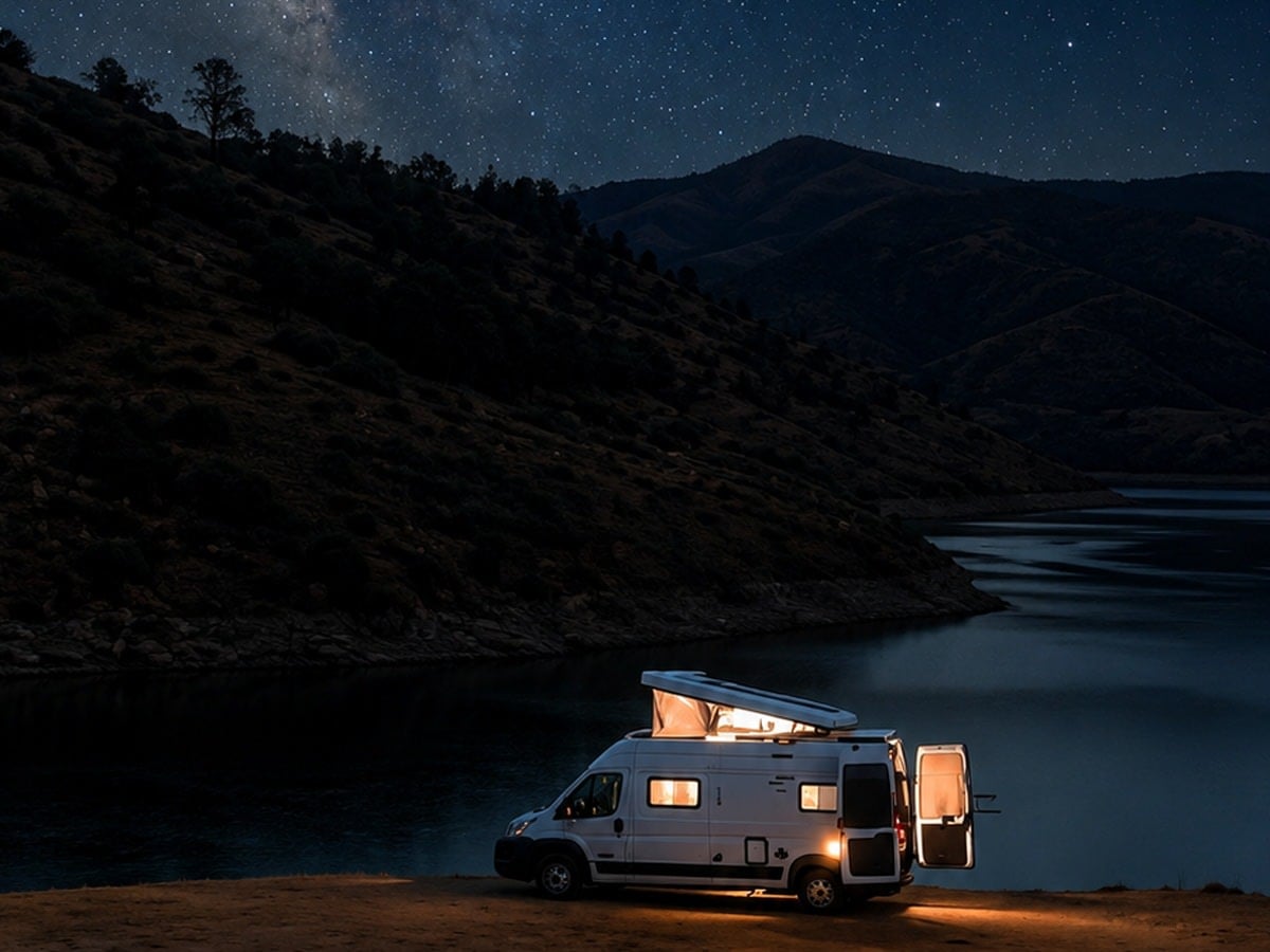 flanked by majestic sequoia trees in a forest park setting.|An RV rental parked by a dark lake under a starry night sky — photo 2