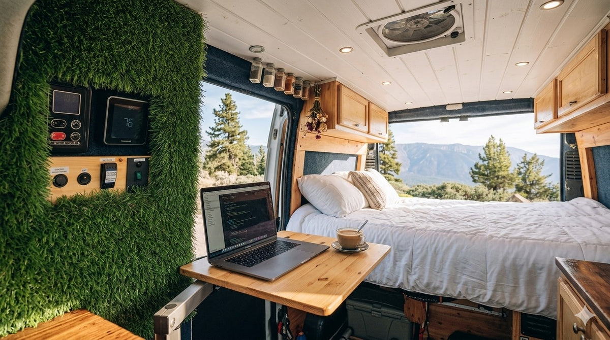 Unique RV rental interior: A cozy camper van features a bed, laptop workspace, faux grass wall, and mountain views. — photo 2