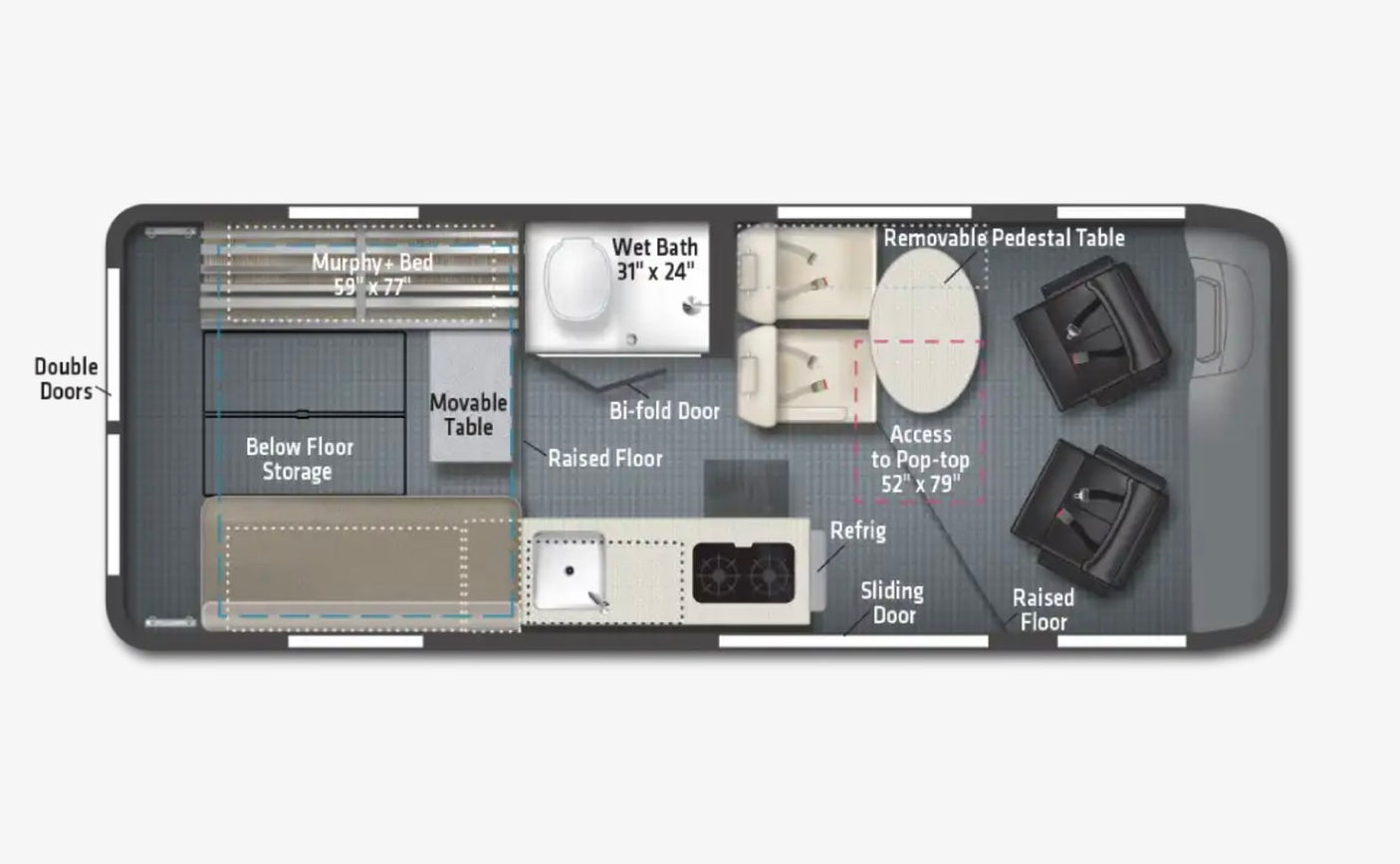 Compact RV rental floor plan shows a smart layout: Murphy bed, wet bath, kitchen, and pop-top access. See the efficient camper van interior.