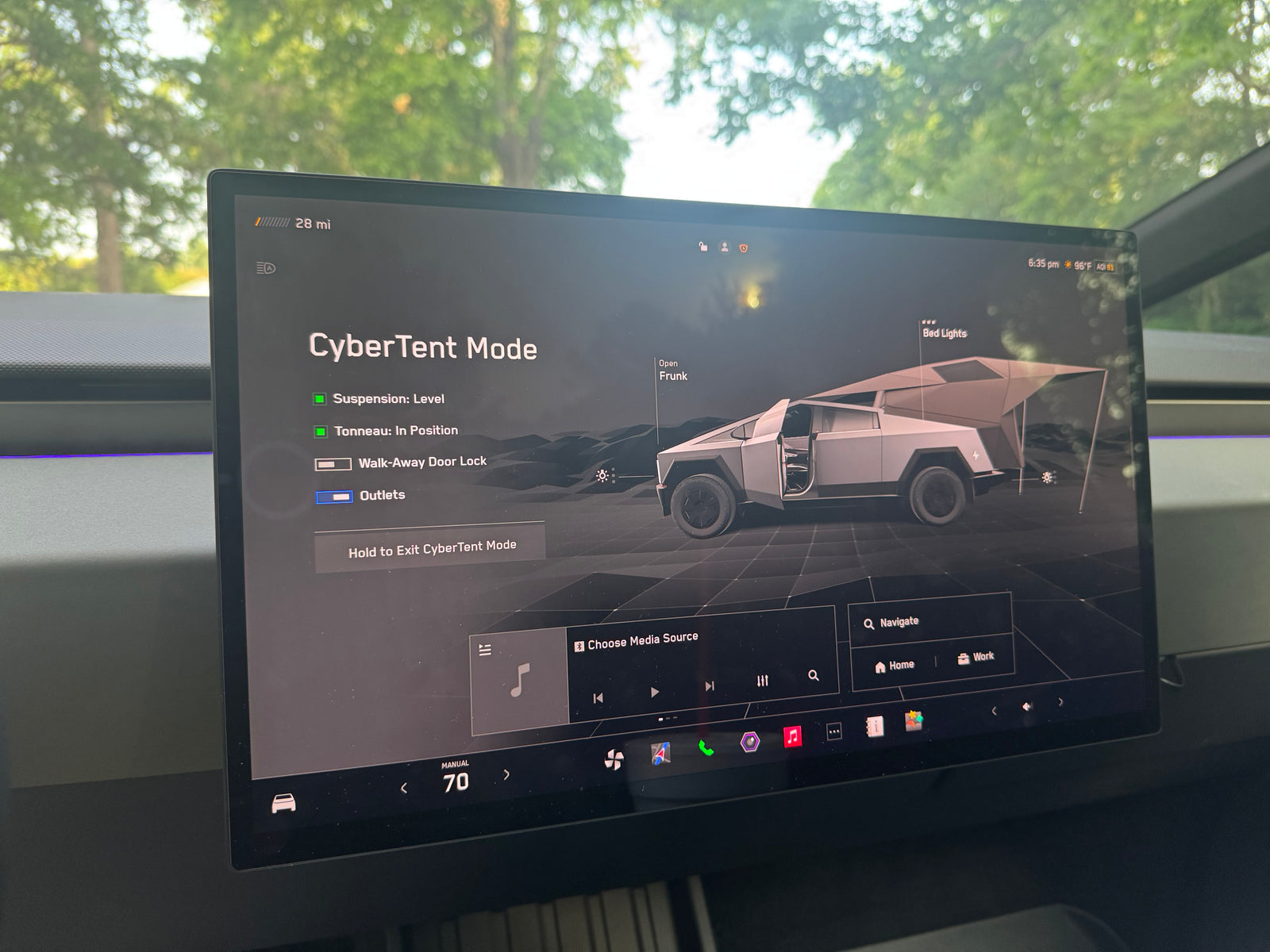 Tesla Cybertruck's CyberTent Mode UI shows its integrated tent, leveling, and power outlets; ideal for an rv rental or camping adventure.
