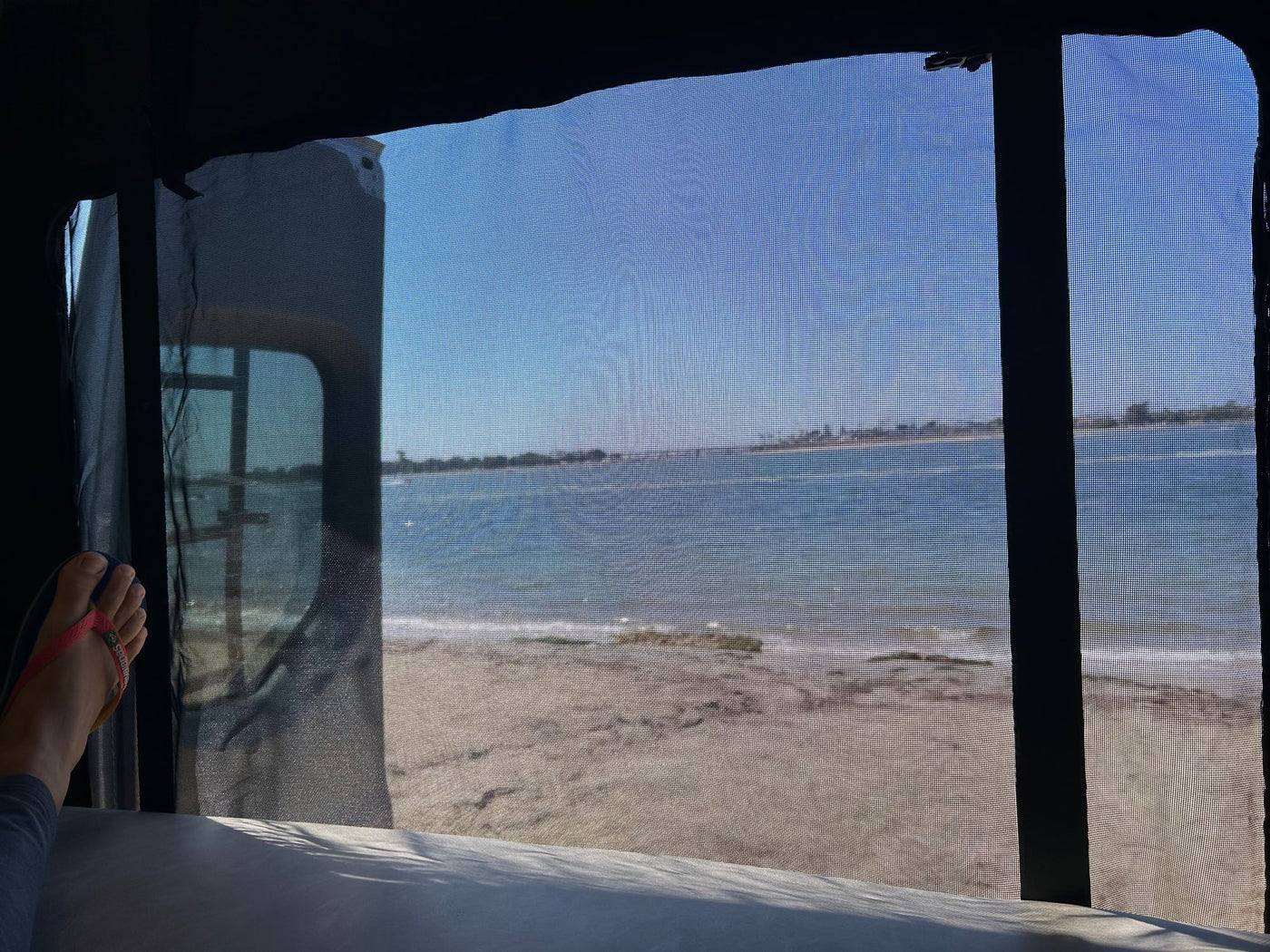 foldable table & scenic water/park view.|A gray Mercedes Sprinter RV rental parked at a wooded campsite with two happy dogs — photo 12