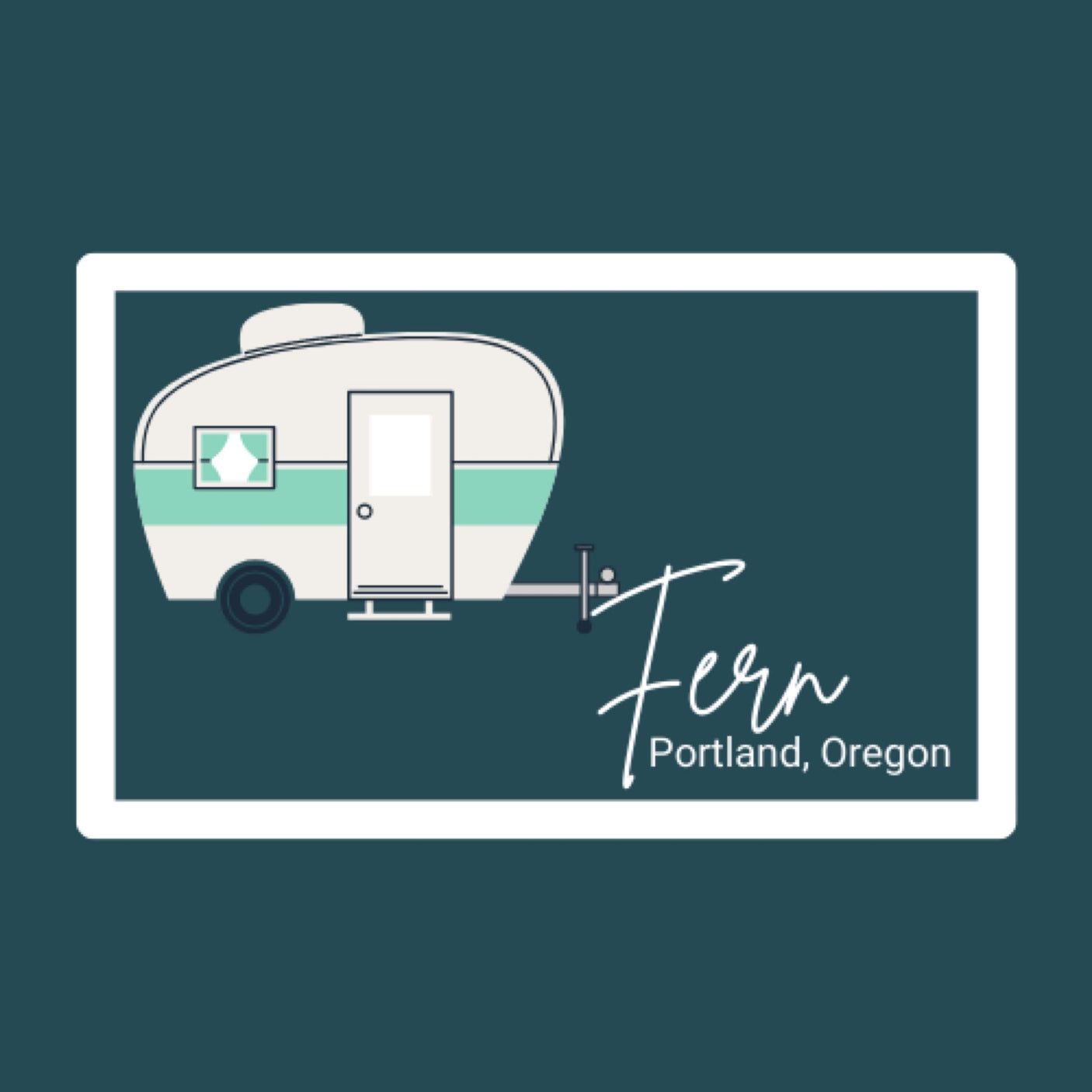 Illustrated vintage travel trailer (RV rental 'Fern', Portland, OR) on a teal background.