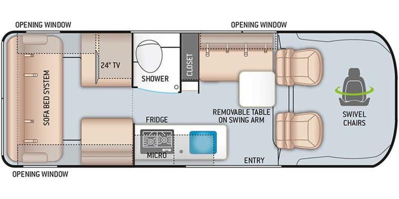 and panoramic window showing lush trees.|Dark gray Ram ProMaster RV rental van on a vibrant green lawn with trees. Ideal for outdoor adventures & travel.|RV rental floor plan: sofa bed