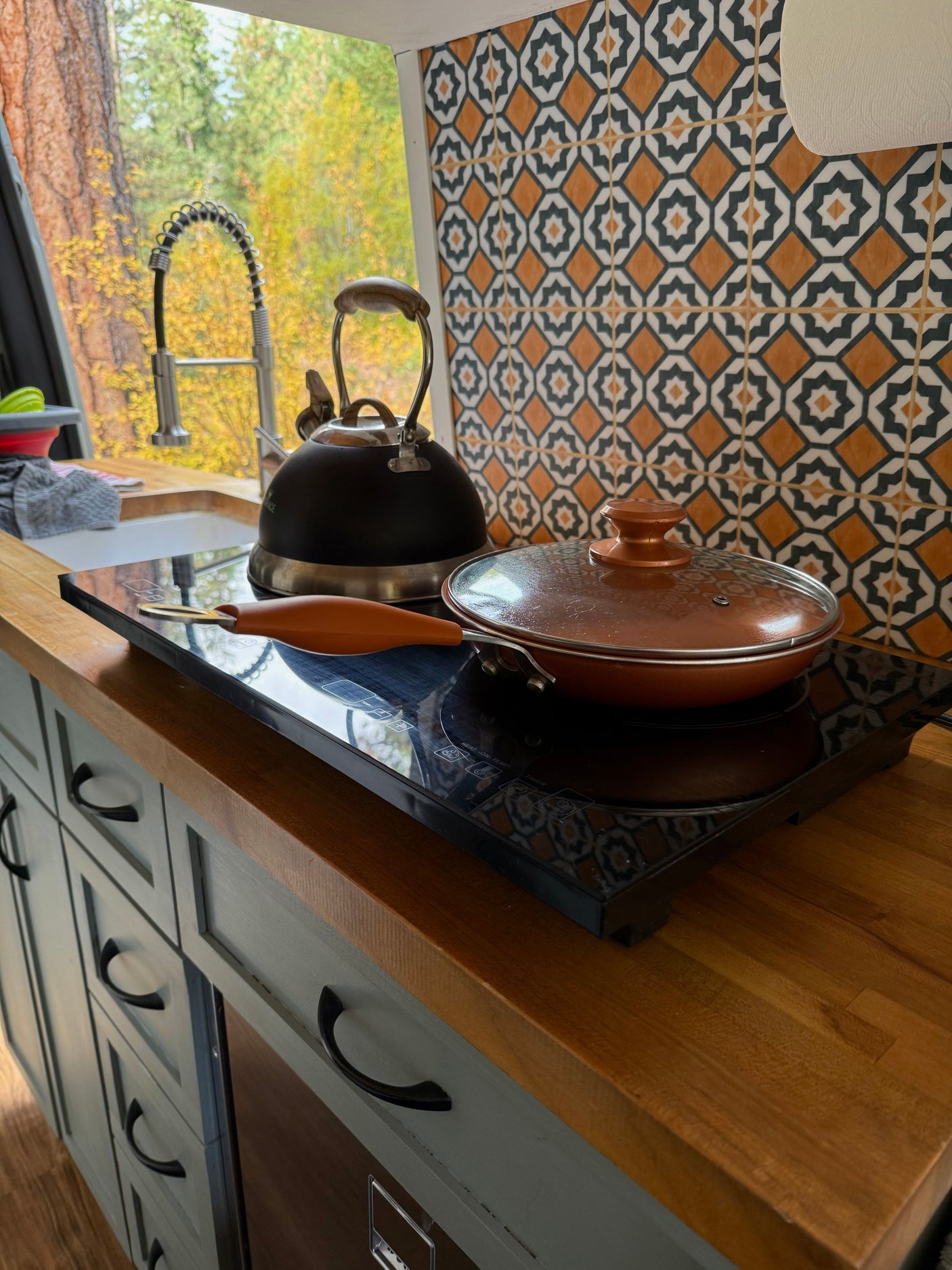 RV rental kitchen: kettle, pan on induction cooktop, sink, and vibrant fall trees outside. Perfect for meals on the go.