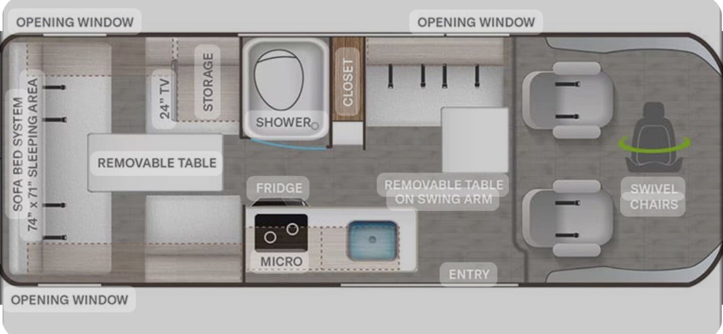 RV rental interior floor plan: compact layout with sofa bed, kitchen, bath, and swivel chairs for travel comfort.