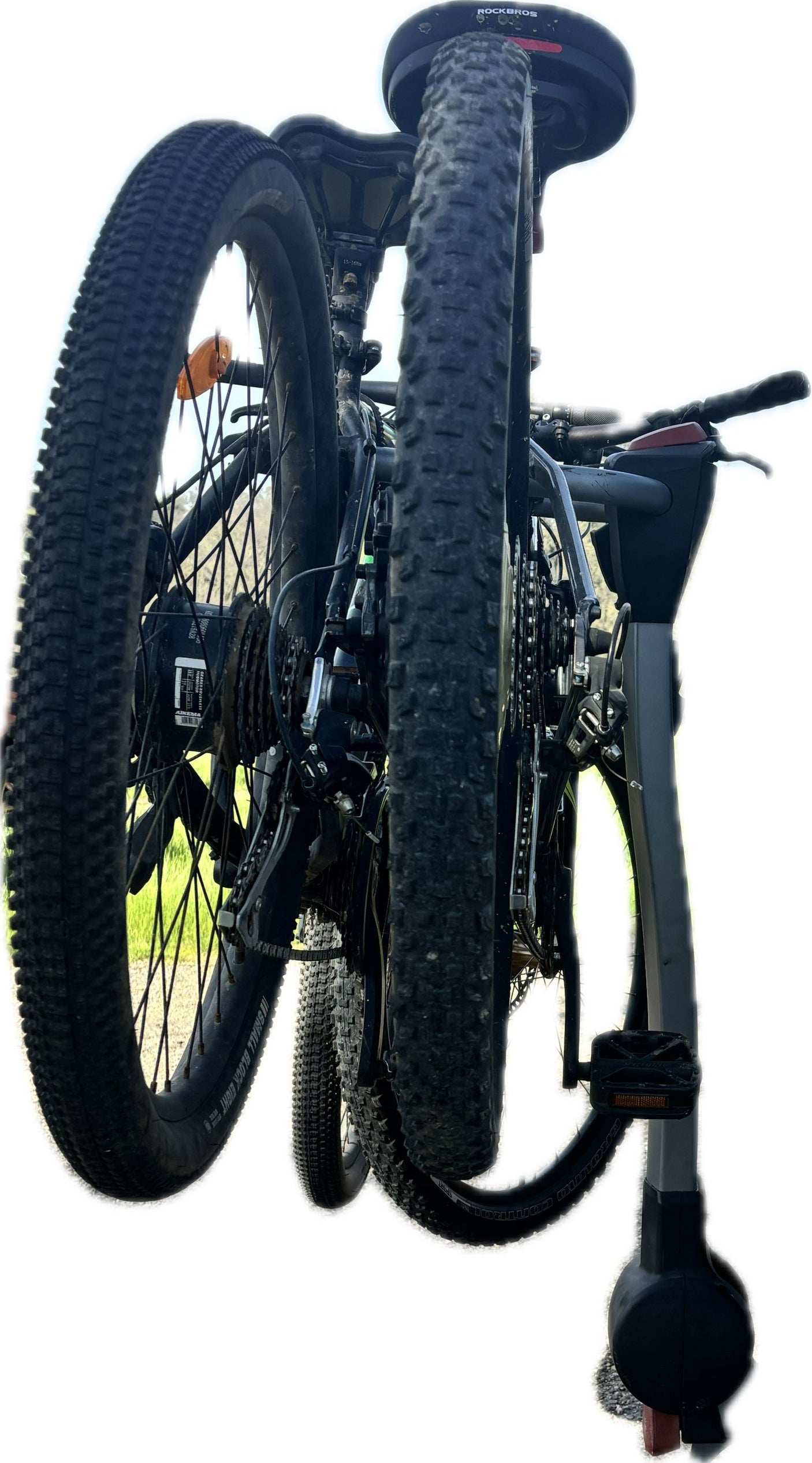 Two bikes vertically mounted on a rear bike rack, ready for your RV rental adventure.