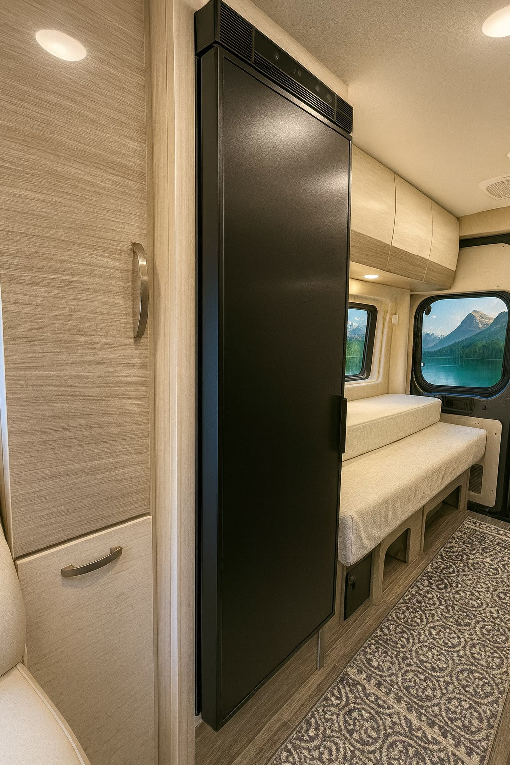 Inside an RV rental, a full-size fridge stands next to a cozy bed/bench, with stunning mountain and lake views from the windows.