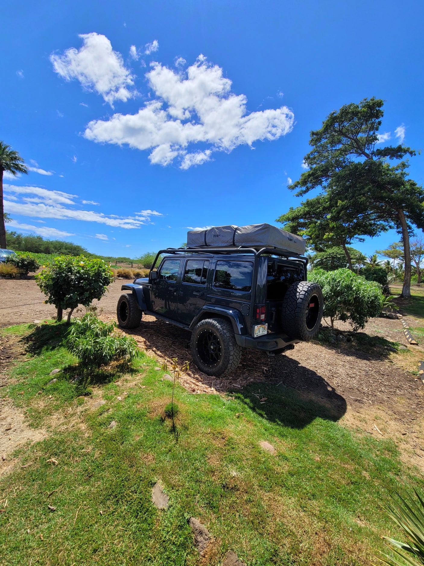 This Jeep rv rental, equipped with a Thule Tepui rooftop tent, awaits your next outdoor adventure under a blue sky.