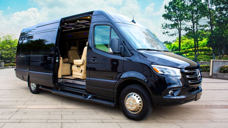 Sleek black Mercedes-Benz Sprinter luxury van for rv rental