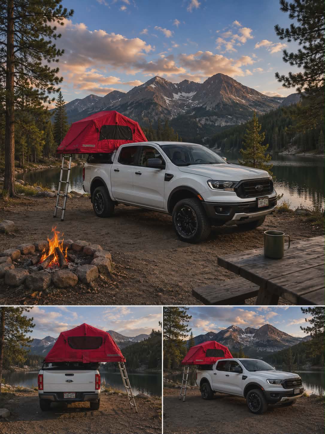 Adventure awaits! This RV rental features a white Ford Ranger pickup with a red rooftop tent by a scenic lake