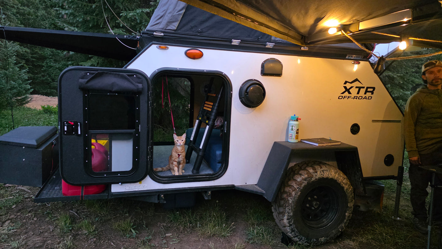 This off-road RV rental features a teardrop camper with an awning, string lights, and a cat, ideal for camping adventures.