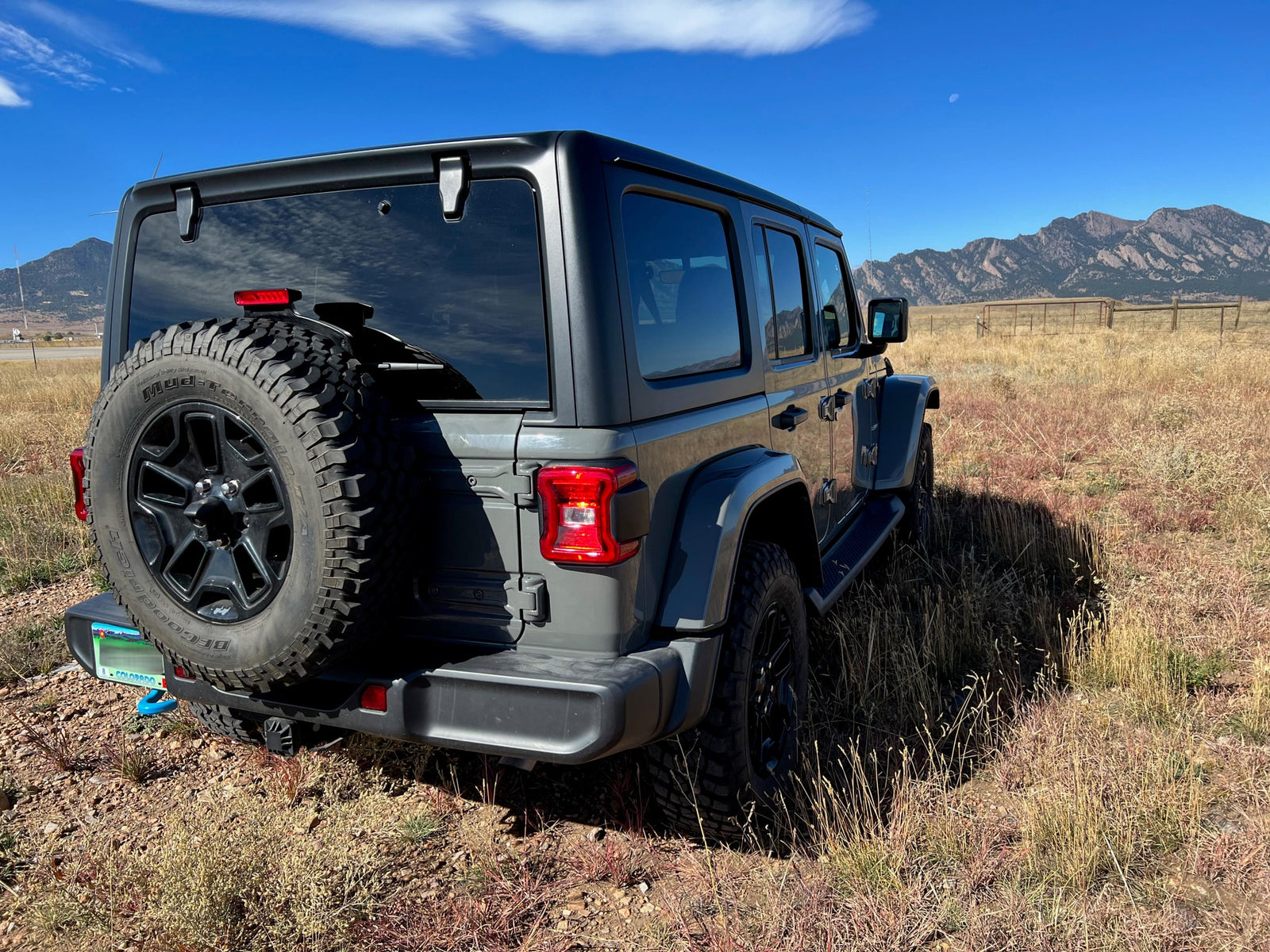 Gray Jeep Wrangler in CO mountains, ready for adventure. A rugged alternative for your next outdoor RV rental escape.