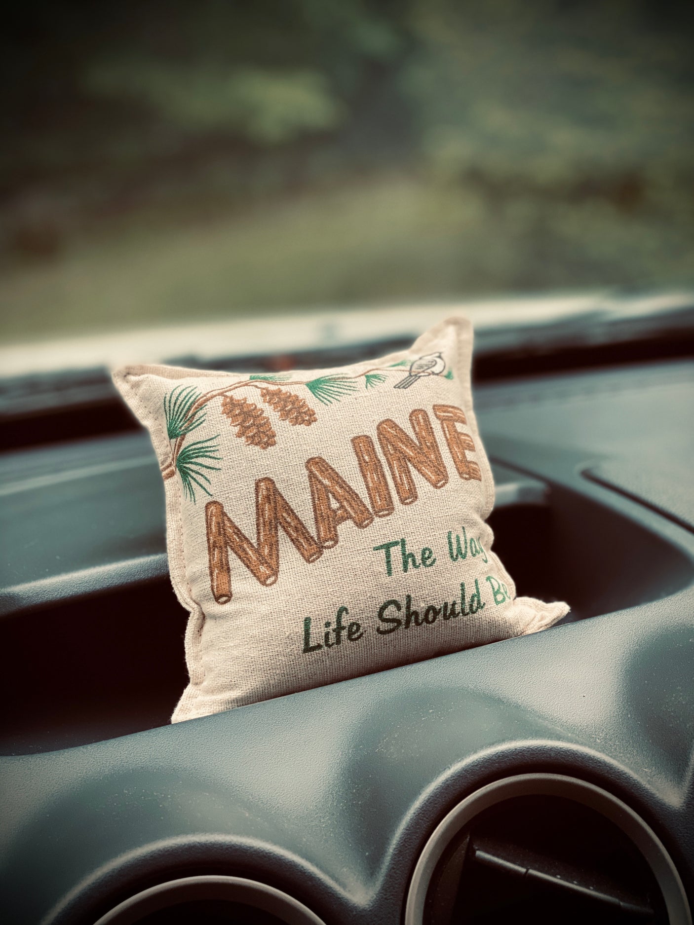 A small 'Maine' souvenir pillow with pinecones rests in an RV rental dashboard, ready for adventure.