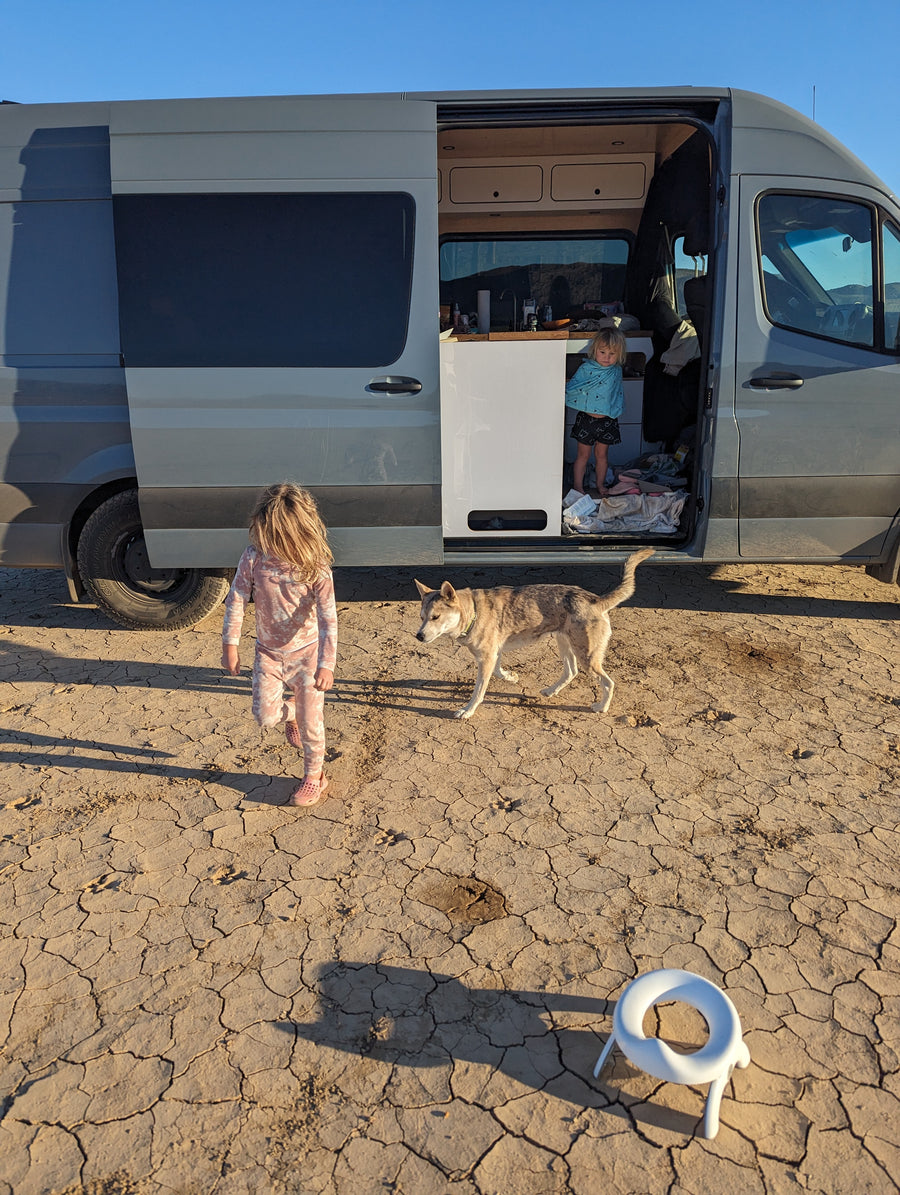 Family adventure with an RV rental: Two children and a dog play outside their grey camper van on dry, cracked ground.