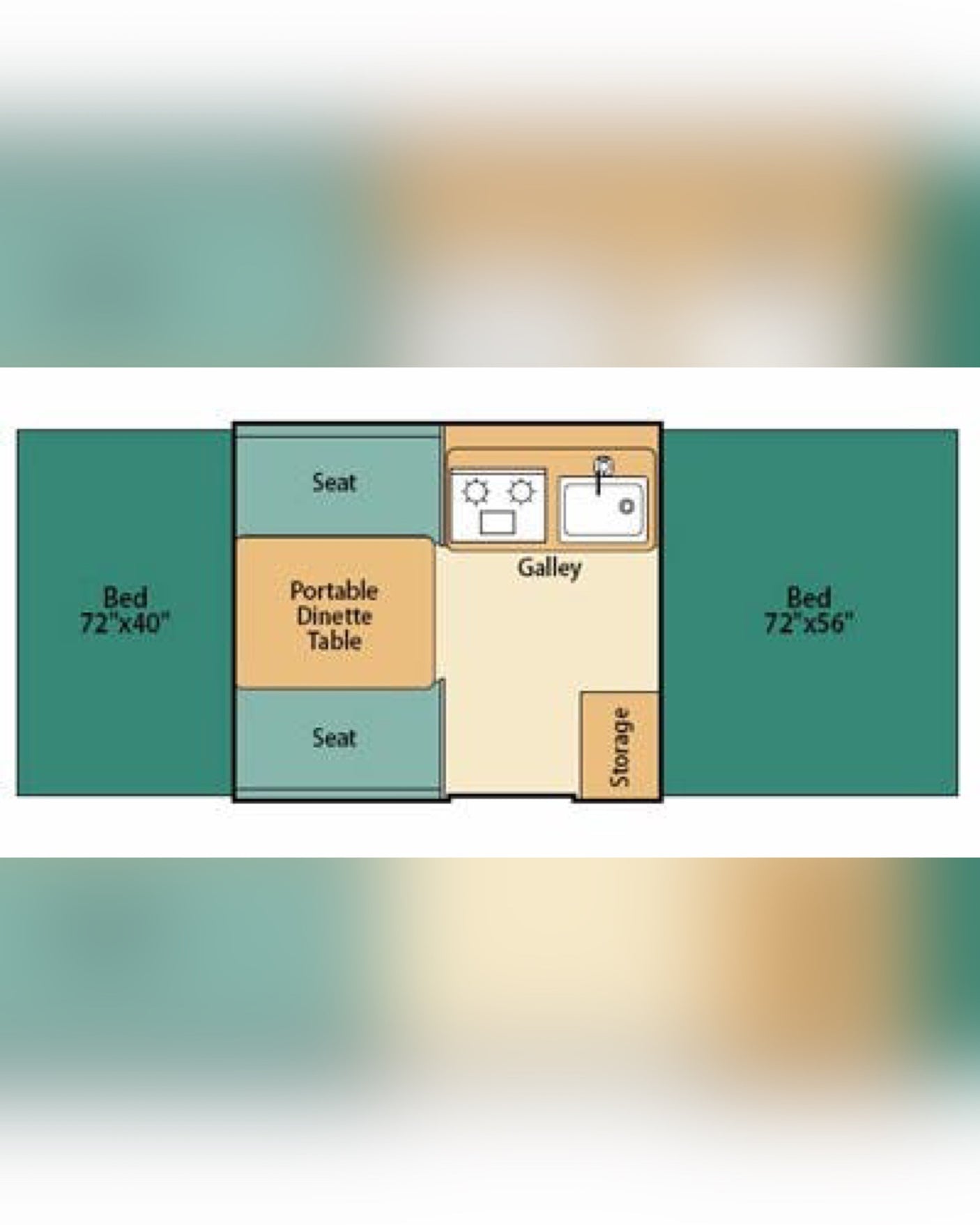 RV rental floor plan shows camper interior with beds, galley, dinette, and storage layout.