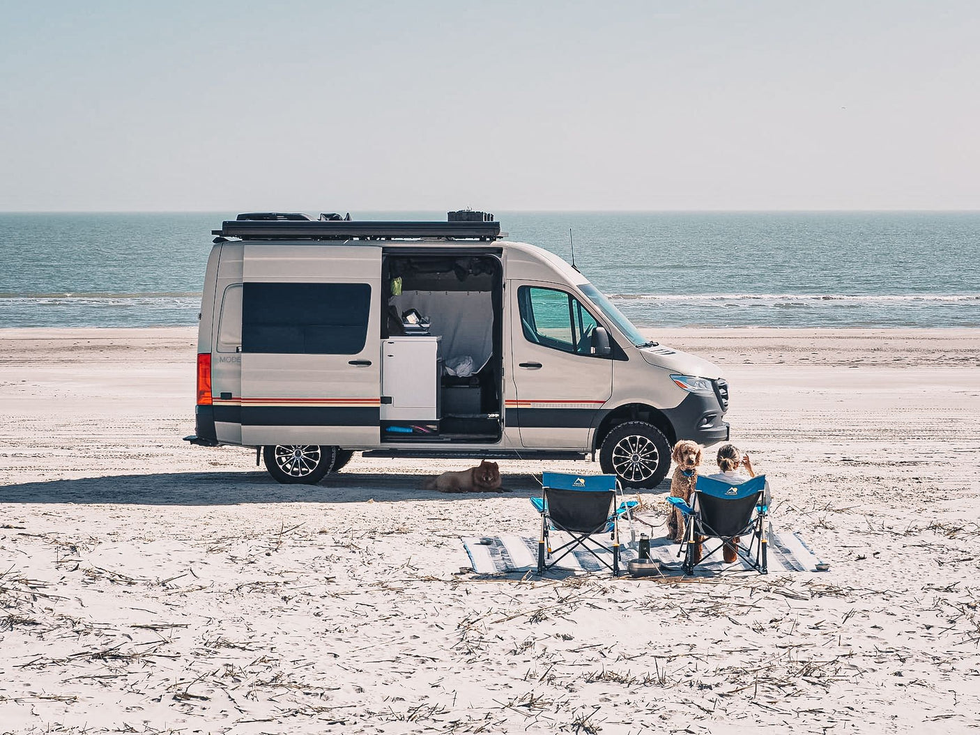 Beach day with an RV rental! A modern camper van is parked on the sand, with two dogs and a person relaxing by the ocean.