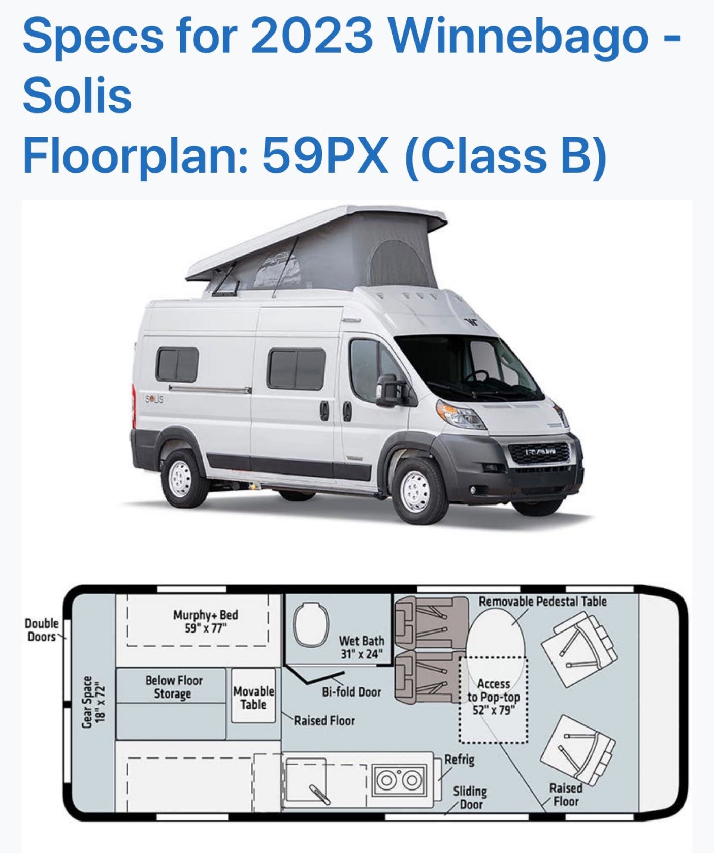 Exterior and detailed floorplan of the 2023 Winnebago Solis 59PX Class B RV, great for RV rental.
