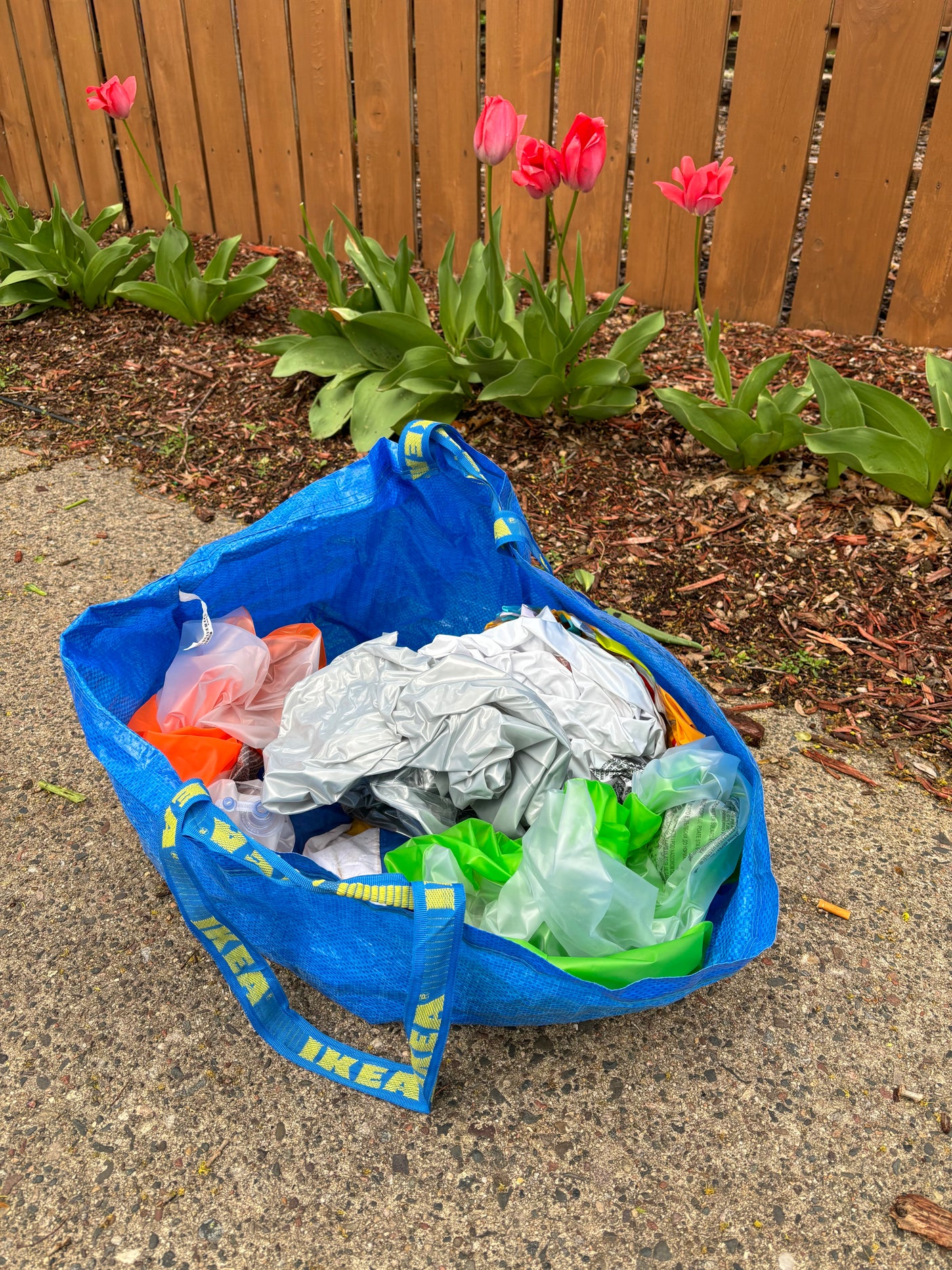 Blue IKEA bag with colorful inflatables on concrete near a garden of red tulips and a wooden fence, great for an RV rental trip.