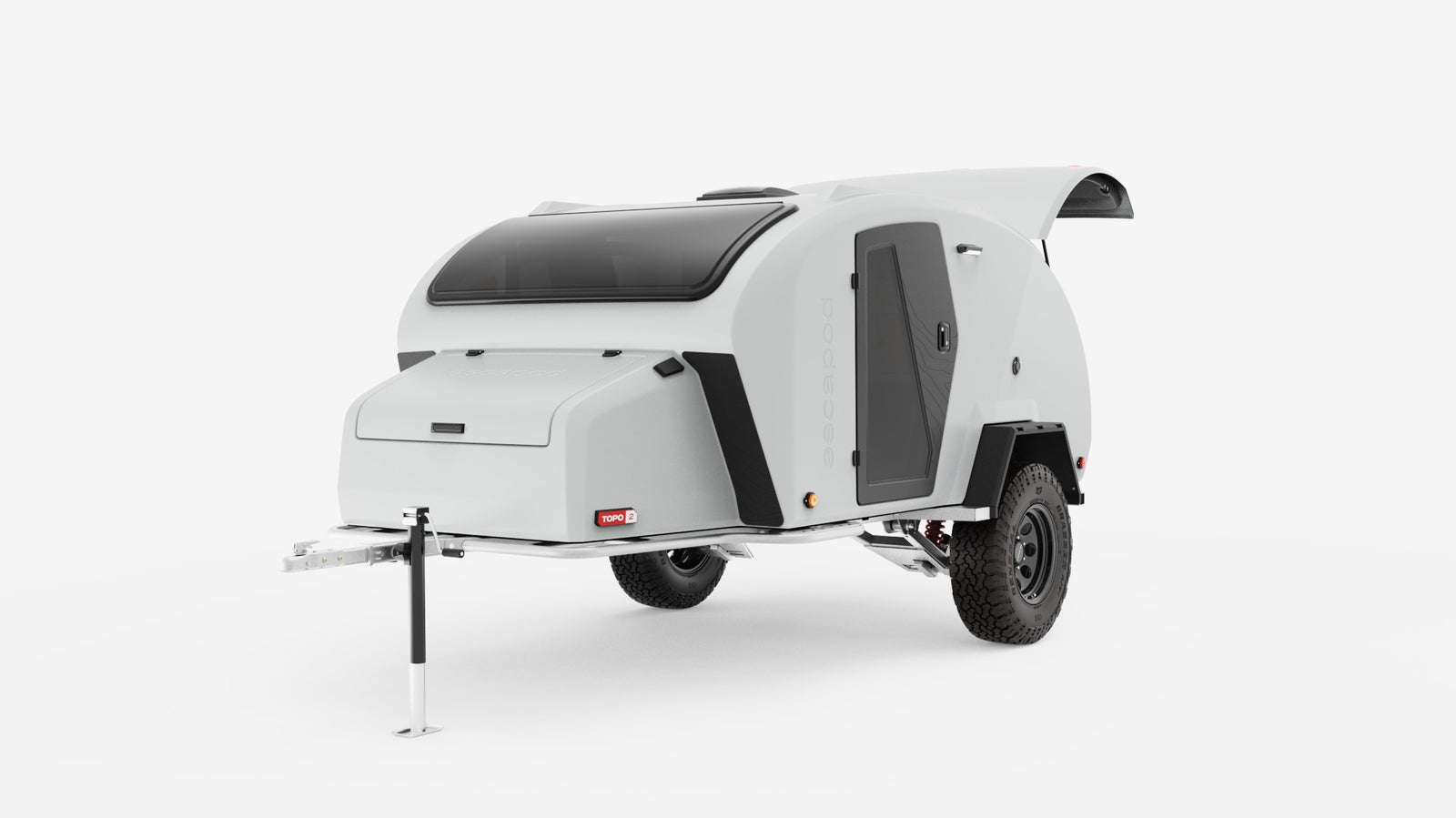 This sleek white teardrop off-road camper, perfect for an RV rental, features a large skylight and rugged tires for adventure.