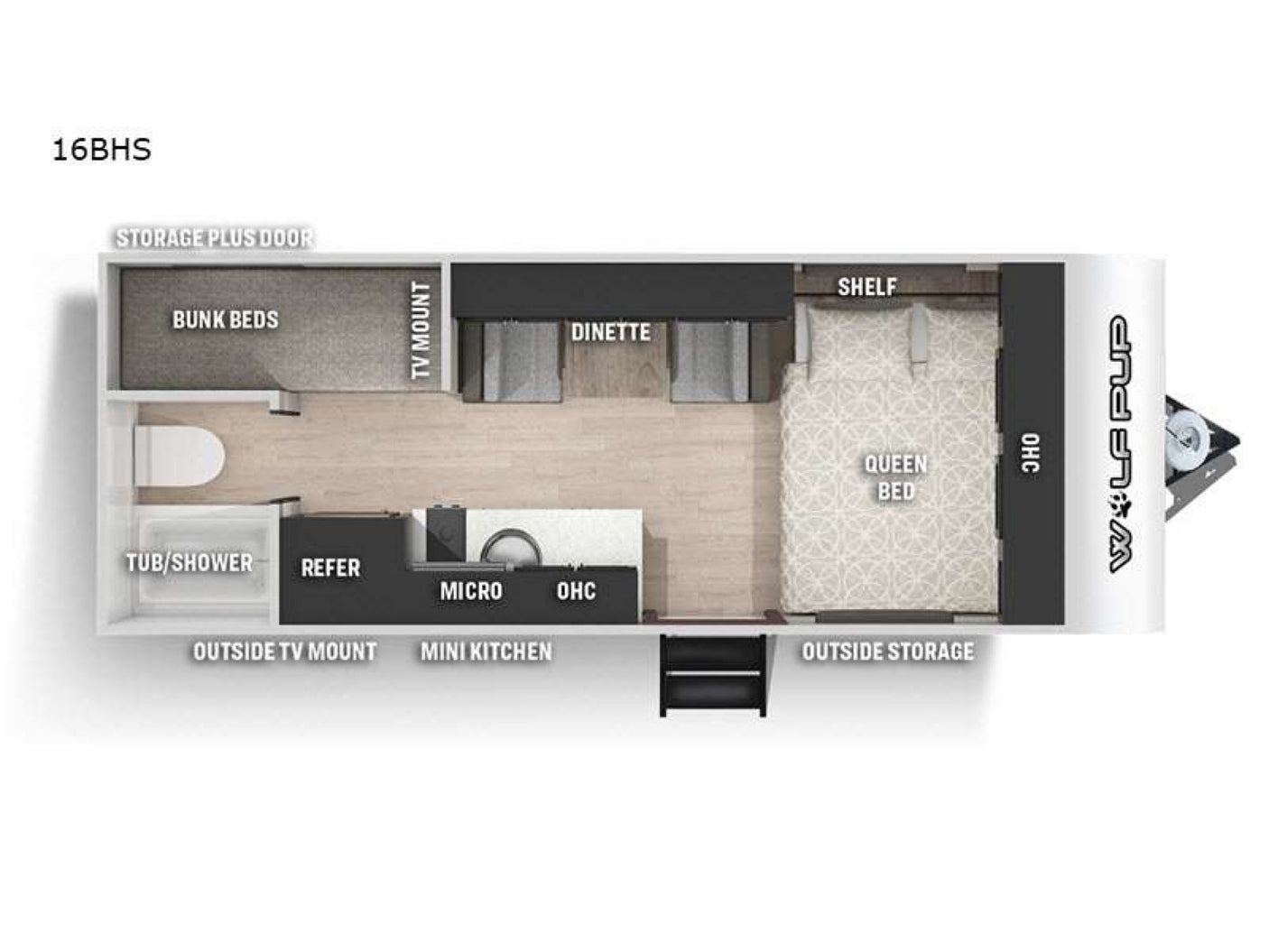 is set up by a scenic river with a bridge in the background.|This sleek gray and blue travel trailer with a distinctive wolf logo is perfect for your next RV rental adventure.|This 16BHS RV rental floor plan clearly maps bunk beds