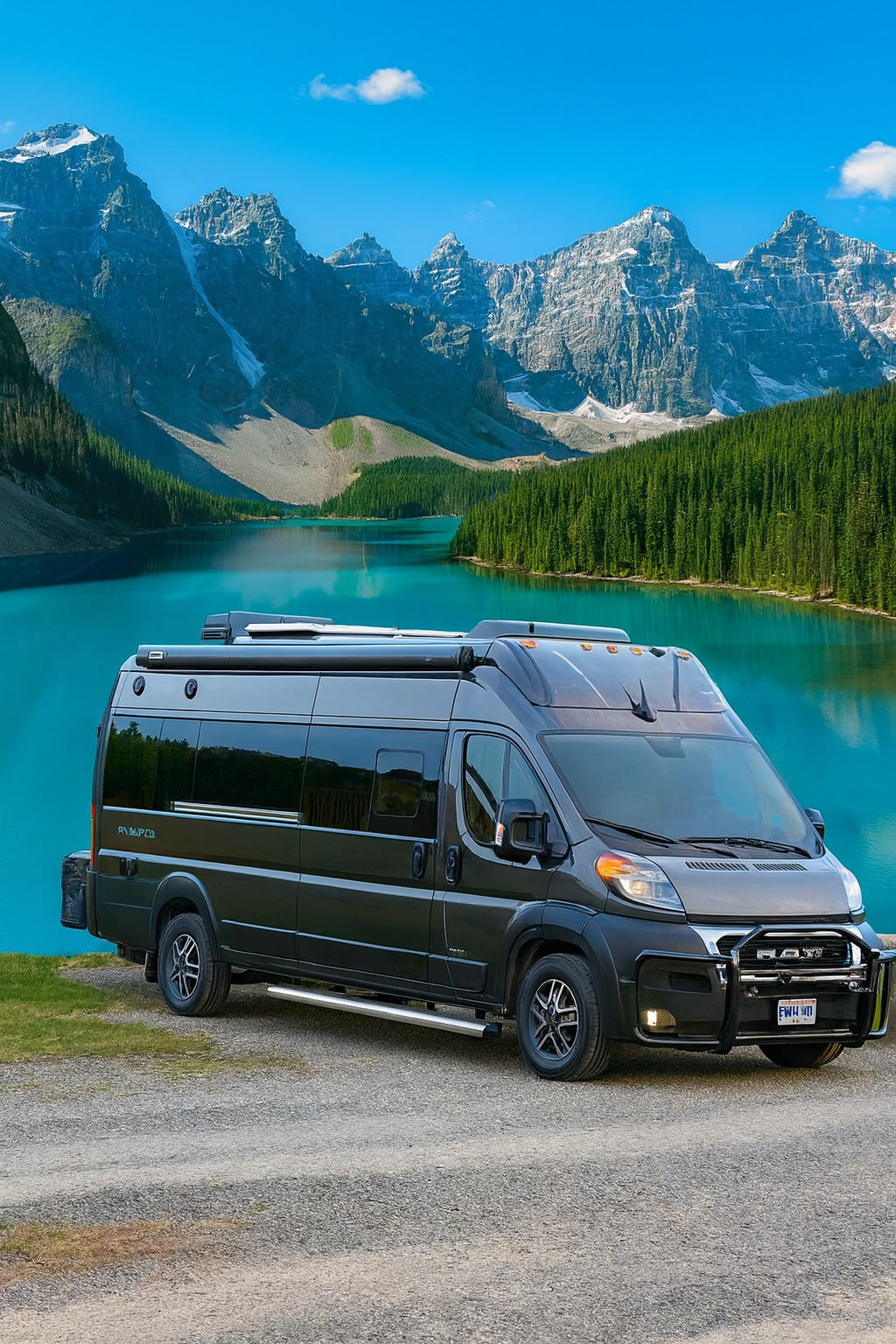 Dark grey RV rental camper van parked by a vibrant turquoise lake, towering mountains, and lush pine forests.
