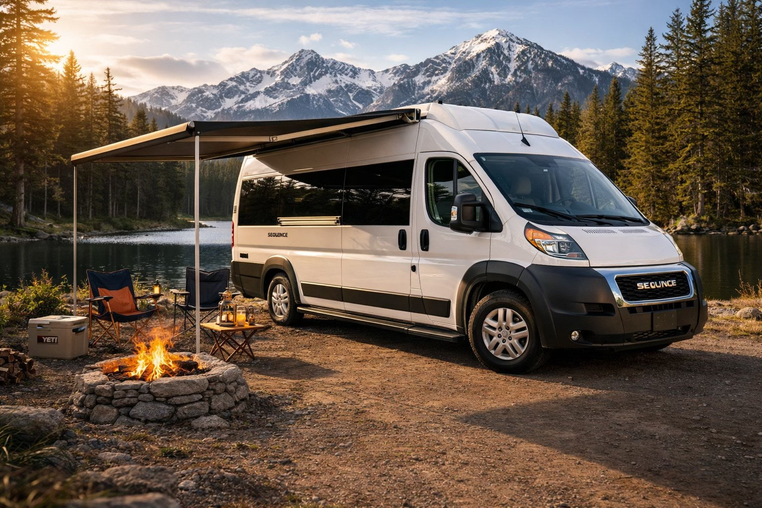 is parked on a sunny day amidst bare winter trees and a clear blue sky.|White Ram camper van RV rental