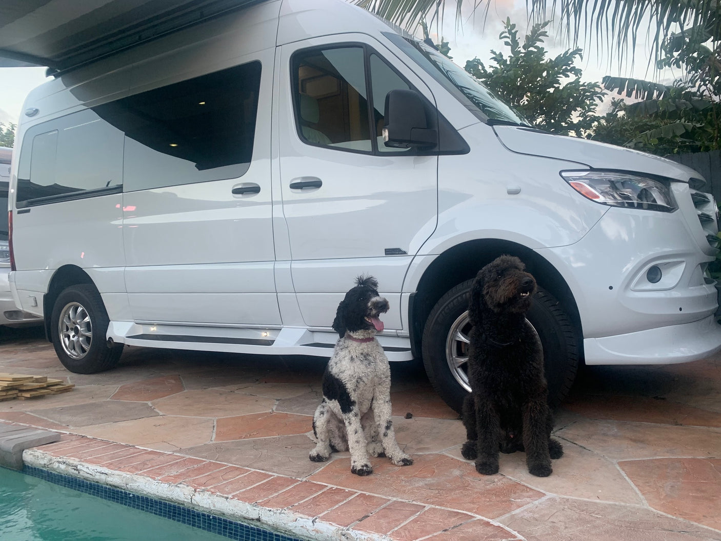 ready for adventure.|White camper van (RV rental) with its awning extended