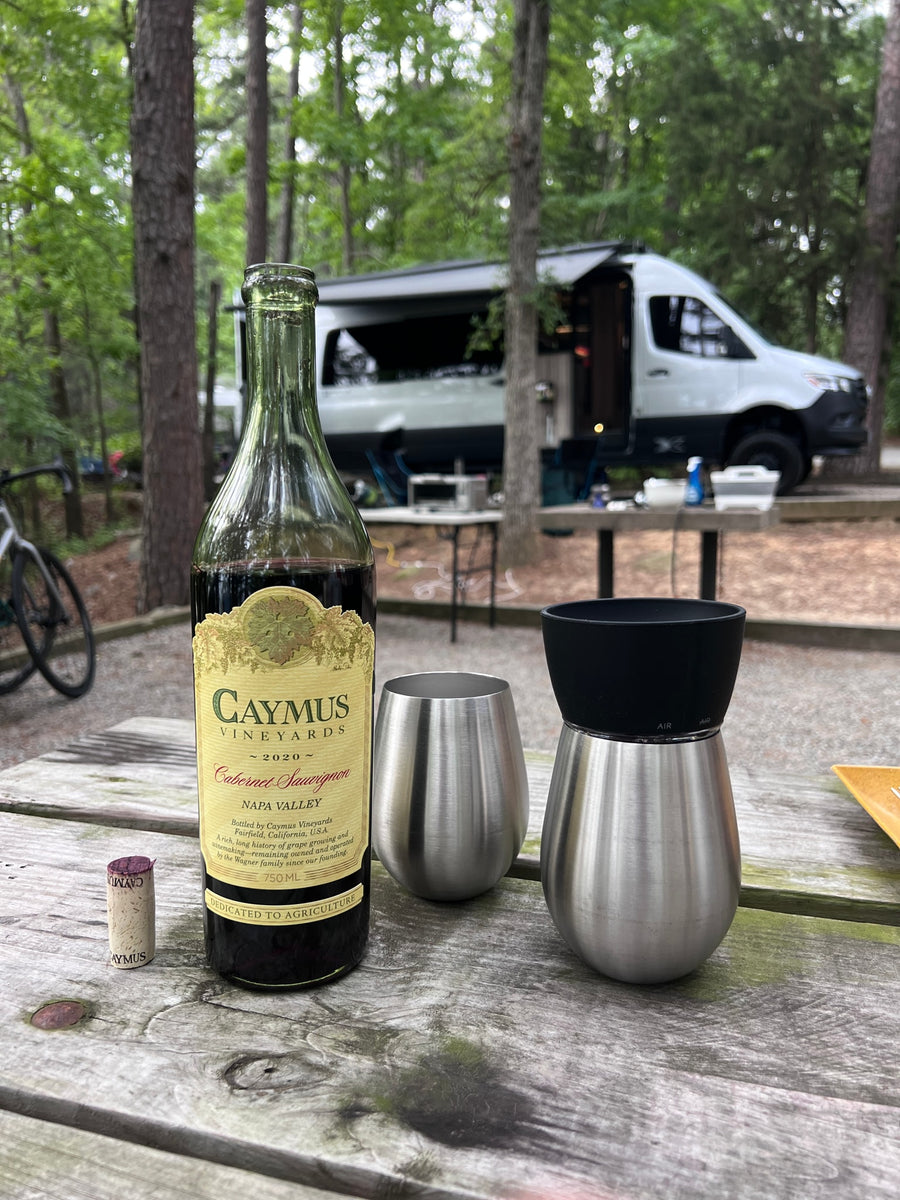 is set up at a wooded campsite with its awning extended and doors open