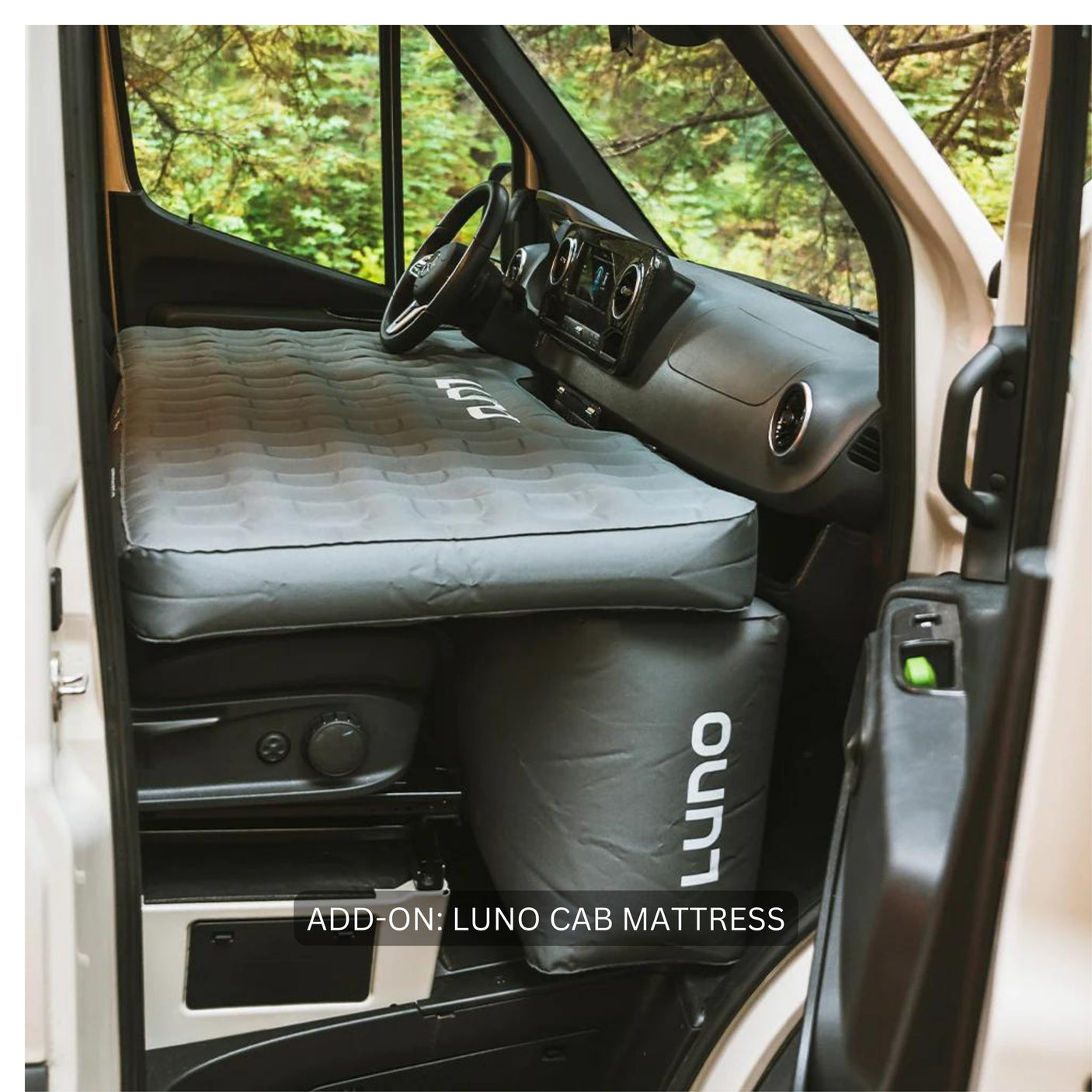 RV rental: Luno cab mattress installed in van's front cab, creating a comfy sleeping space.