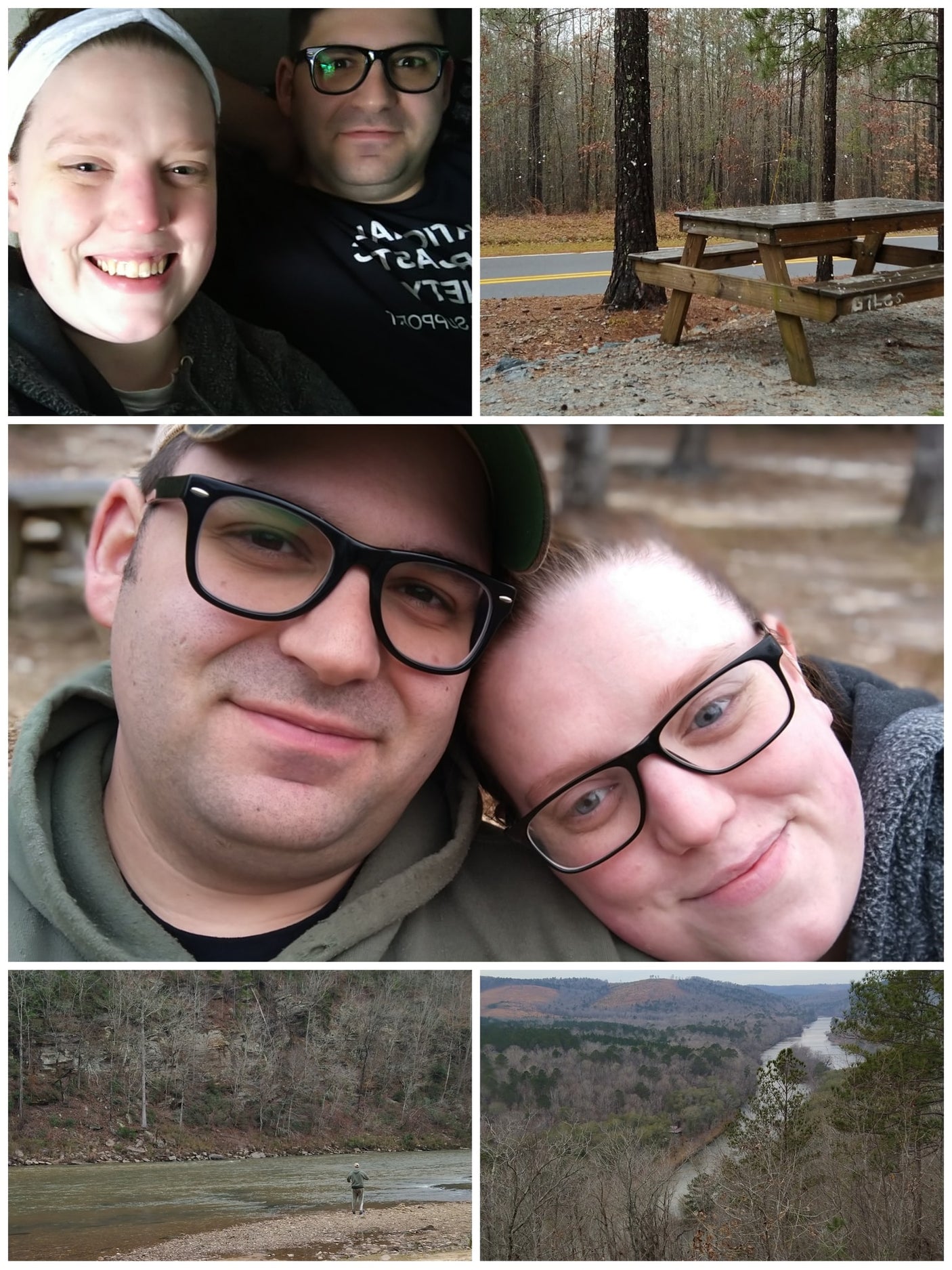Couple's RV rental adventure: enjoying scenic nature views, river by forest, and a snowy picnic stop.