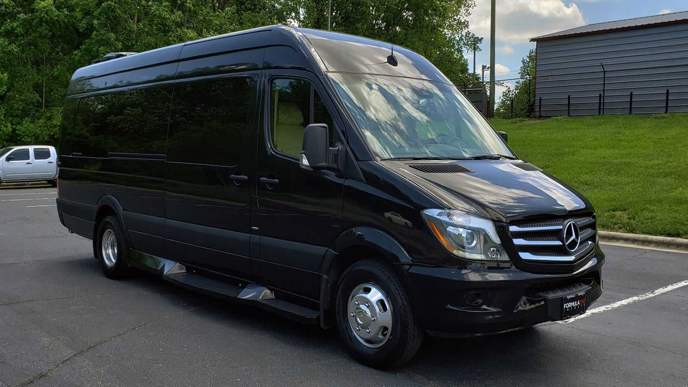 Black Mercedes-Benz Sprinter van for RV rental. This sleek, modern passenger van is great for travel & adventures.