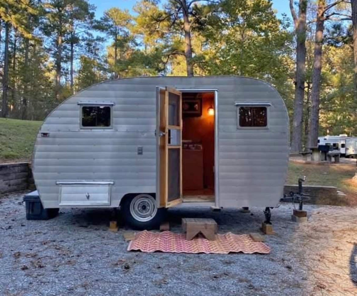 This retro silver travel trailer