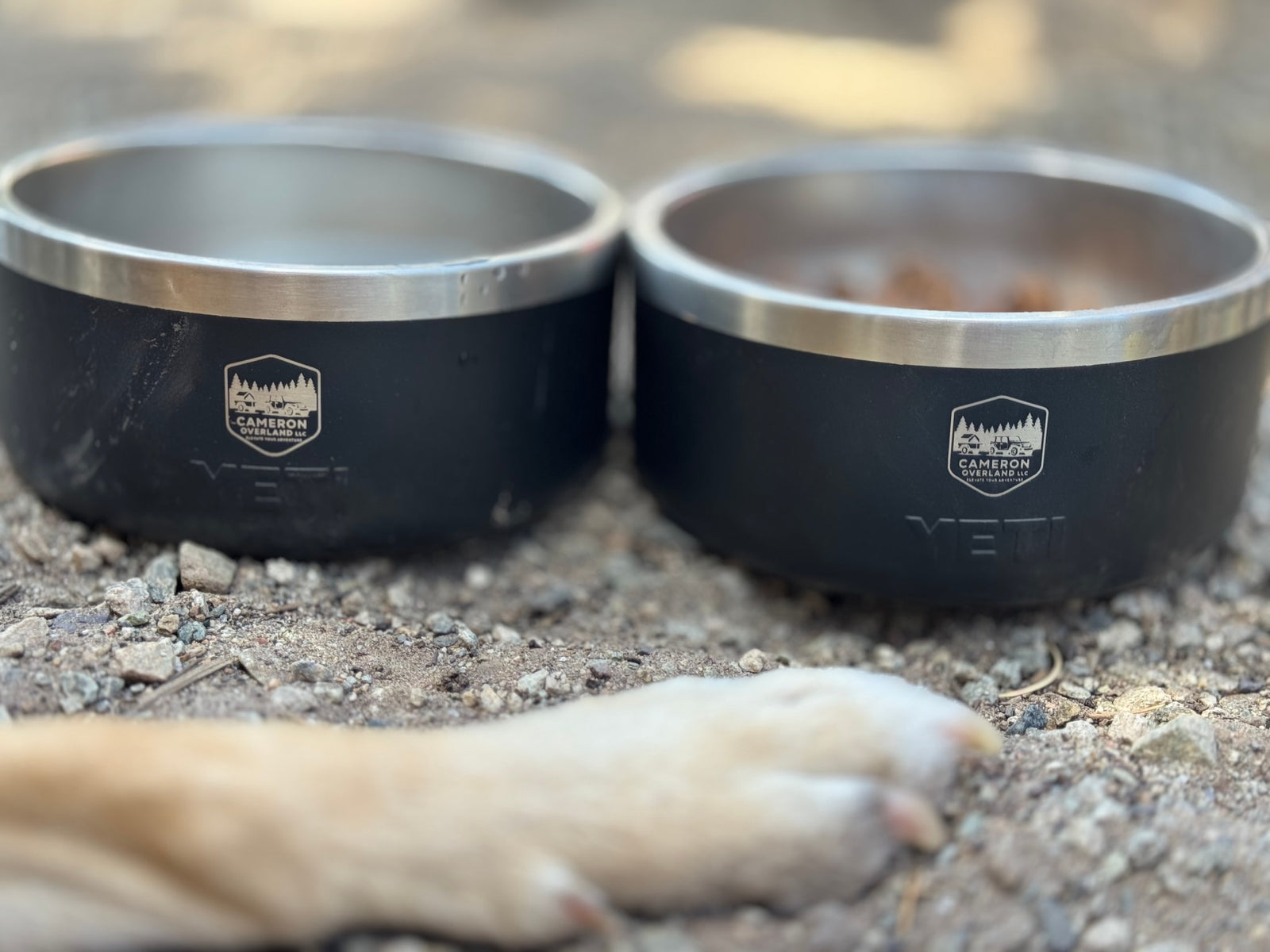 YETI dog bowls on gravel, one filled, ready for an RV rental adventure with Cameron Overland. Dog's paw in foreground.