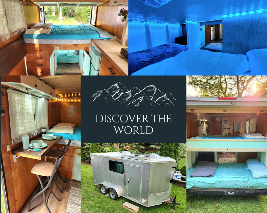 Explore the world with this unique RV rental! See the custom cargo trailer conversion's cozy interior